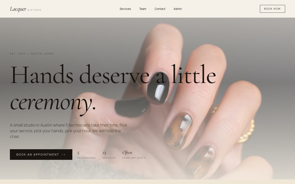Screenshot of the Lacquer nail and wellness studio homepage
